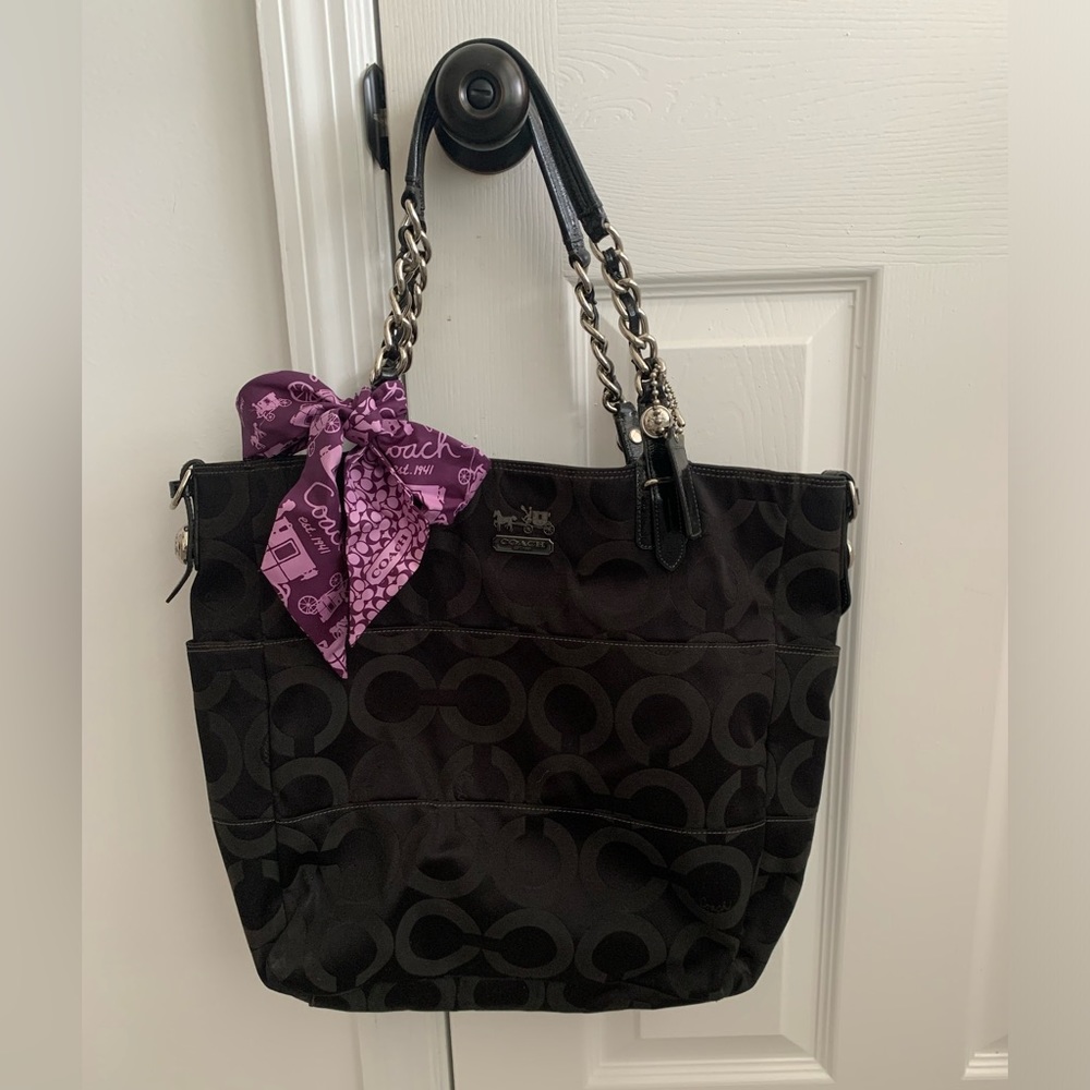 Black Coach Tote/shoulder bag with purple sash included.